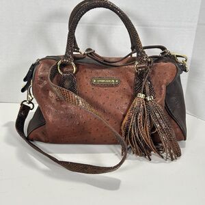 Cynthia Rowley Large Two Tone Brown Leather Satchel Snakeskin And Ostrich Print